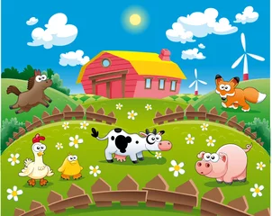 Foto auf Acrylglas Bauernhof Bauernhof-Abbildung. Lustige Cartoon- und Vektorszene.