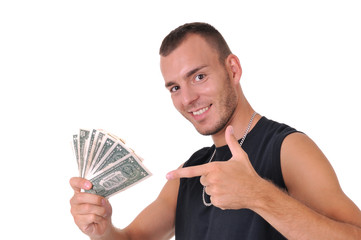 Man pointing to dollar banknote isolated on white