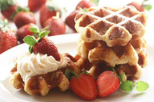 Waffles with Strawberries and Cream