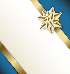 golden bow on a ribbon with white and blue background