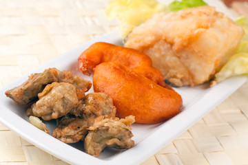 Fried Cob, Battered Artichoke and Prawn Tail