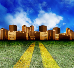 Road with Grass Going into the City
