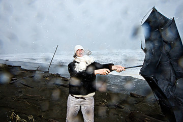 woman battling the weather