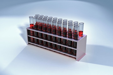 Test tubes with clear red liquid in a rack