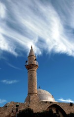 Antique Sinan basha mosque in Pisan square in port of Old Akko - obrazy, fototapety, plakaty