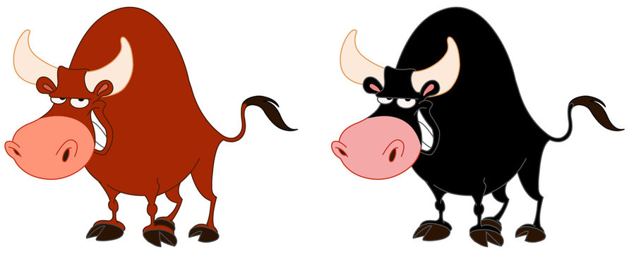 Cartoon bull in two different color versions