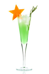 Mint Champagne alcohol cocktail with orange star and rosemary