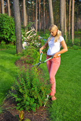 Young woman working in a garden trimming plants