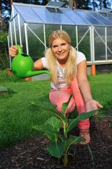 Young woman working in a garden watering plants