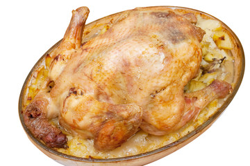 Whole roasted chicken with potatoes isolated on white
