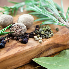 Spices on rustic wooden background