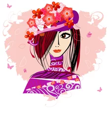 Cercles muraux Femme fleurs fille au chapeau fleuri3