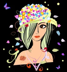 Papier Peint photo Femme fleurs fille au chapeau fleuri