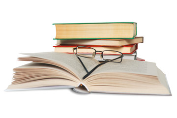 Books and glasses isolated over white.