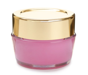 pink jar of cream isolated on white background.