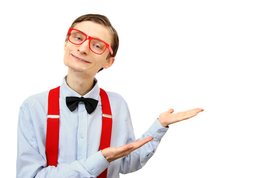 Funny guy showing your product
