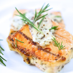 Baked salmon with herb sauce