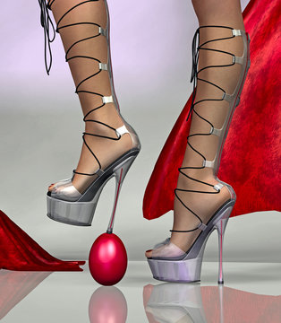 Woman steps on an egg with her heels
