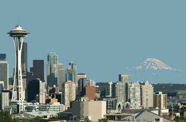 Downtown Seattle Space Needle and Mt. Rainier