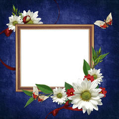 White frame with flowers and ribbons on the abstract background