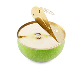 Canned apple isolated on white