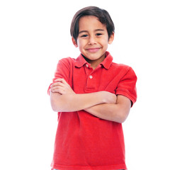 Happy Smiling Young Boy in Red Polo Shirt with Arms Crossed