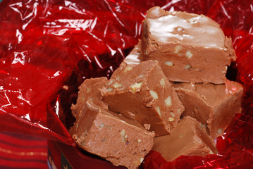 closeup of homemade fudge with nuts