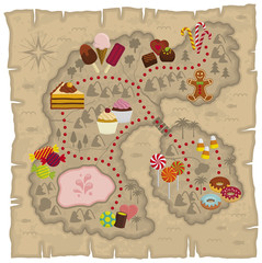 Ilustracja mapy krainy marzeń dla dzieci - mapa ziemi cukierków i słodyczy