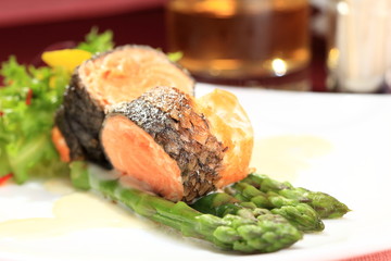 Rosemary roasted salmon served with asparagus