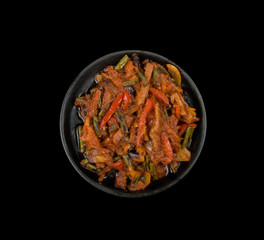 meat and vegetables at pan
