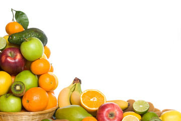 Citrus and tropical fruit on white background