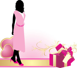 Female silhouette with hearts and decorative pink box. Vector