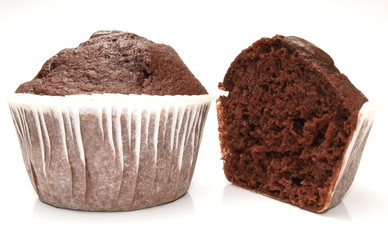 Chocolate muffins on white background