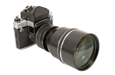 SLR camera and lens on a white background