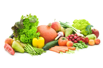 fruits and vegetables on white background