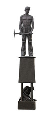 A Statue of Two Coal Miners on a Large Oil Lamp.