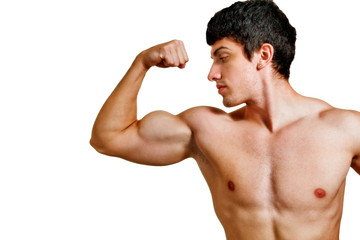 Fototapeta na wymiar Man with muscular biceps isolated on white