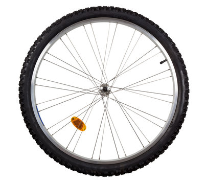 Fototapeta Front wheel of a mountain bike isolated on white