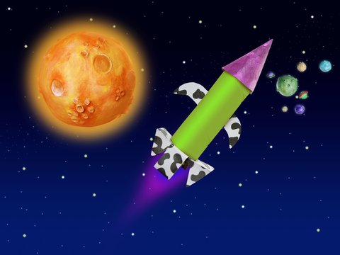 Colorful fantasy rocket flying into blue space