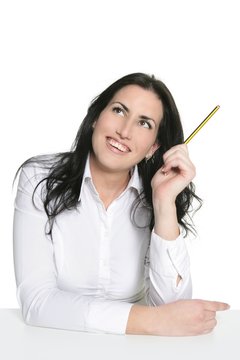 Brunette Woman Thinking With Pencil