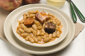 Asturian ham and beans. Spanish cuisine. Fabada asturiana.