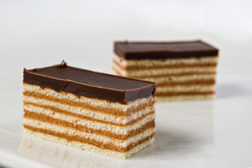 pieces of a chocolate cake on a plate in shallow depth of field
