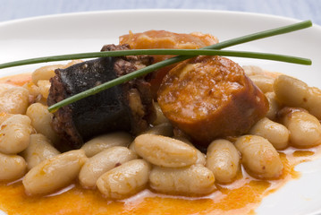 Asturian ham and beans. Spanish cuisine. Fabada asturiana.