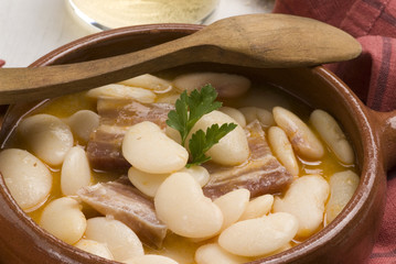 Beans and bacon stew. Spanish cuisine. Judiones de la Granja.