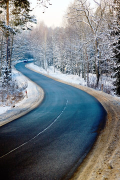 Winding road in winter forest