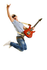 Passionate guitarist jumps isolated on white - obrazy, fototapety, plakaty