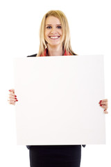 businesswoman holding empty white board