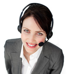 Close-up of a customer service agent using a headset