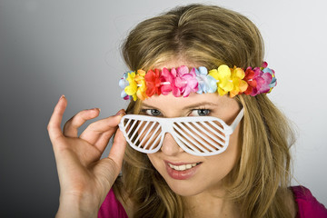 Beautiful happy summer woman in disco sun glasses