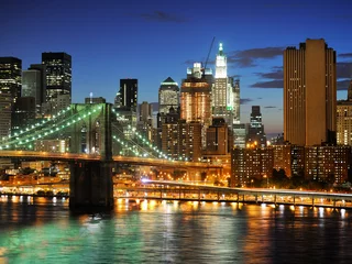 Schilderijen op glas New york Manhattan bridge na zonsondergang © dell